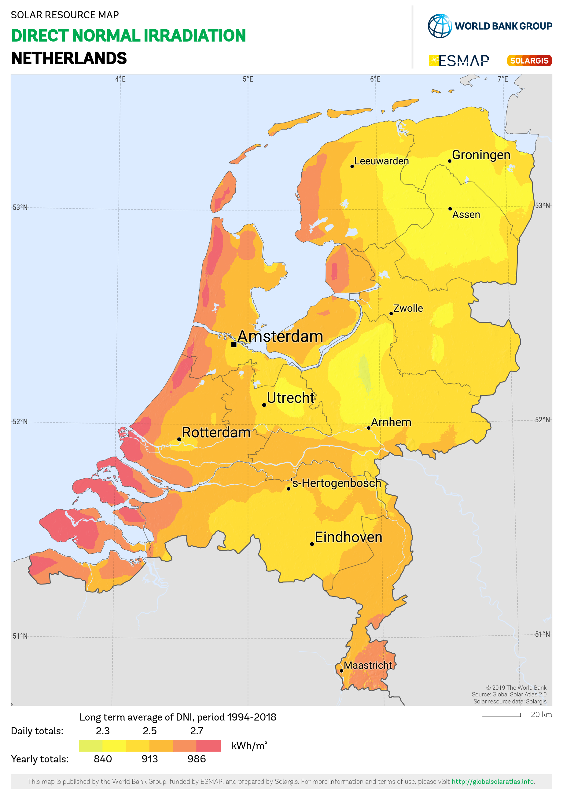 Direct Normal Irradiation graph for Netherlands, retrieved grom SolarGIS