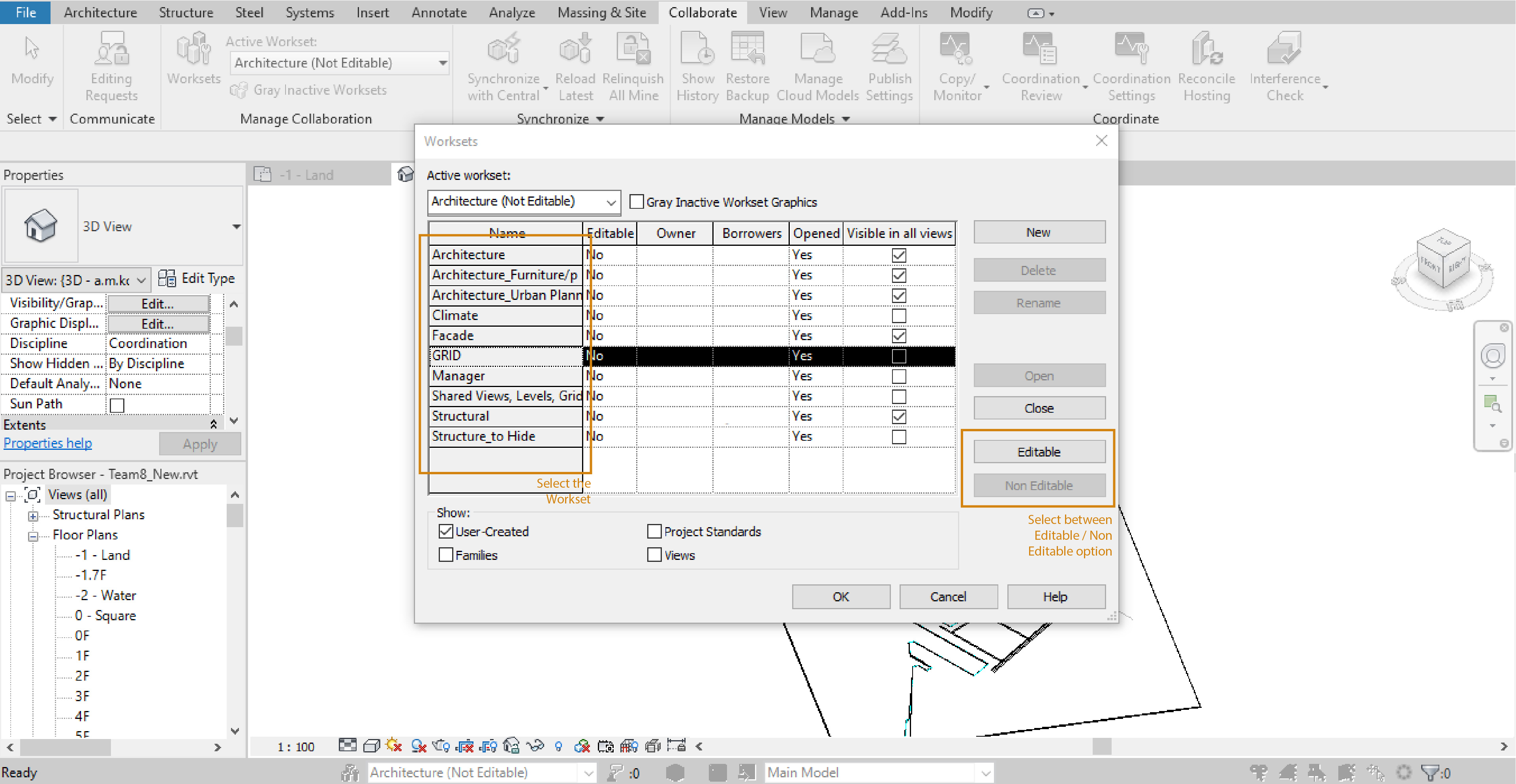 Change the properties of a Workset between Editable / Non Editable