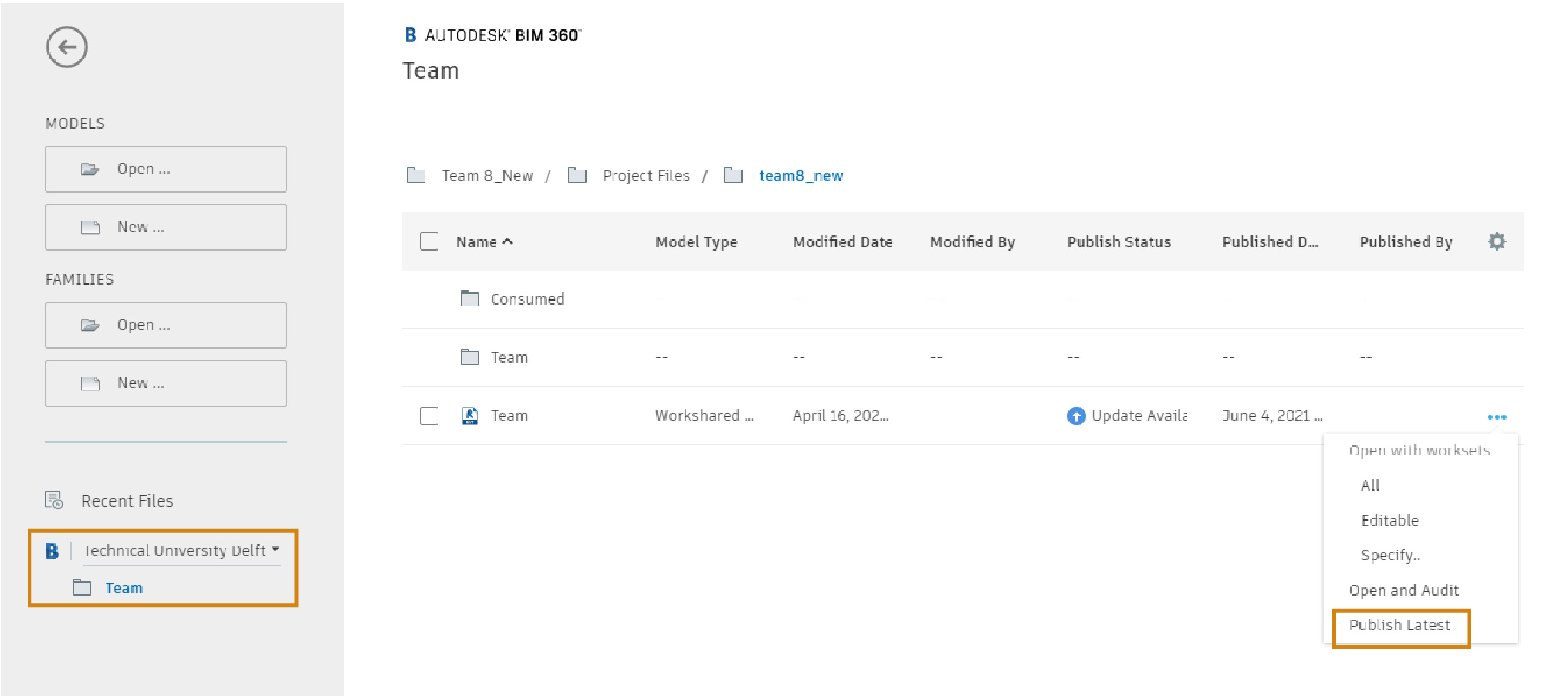 Publish changes through Revit Home menu