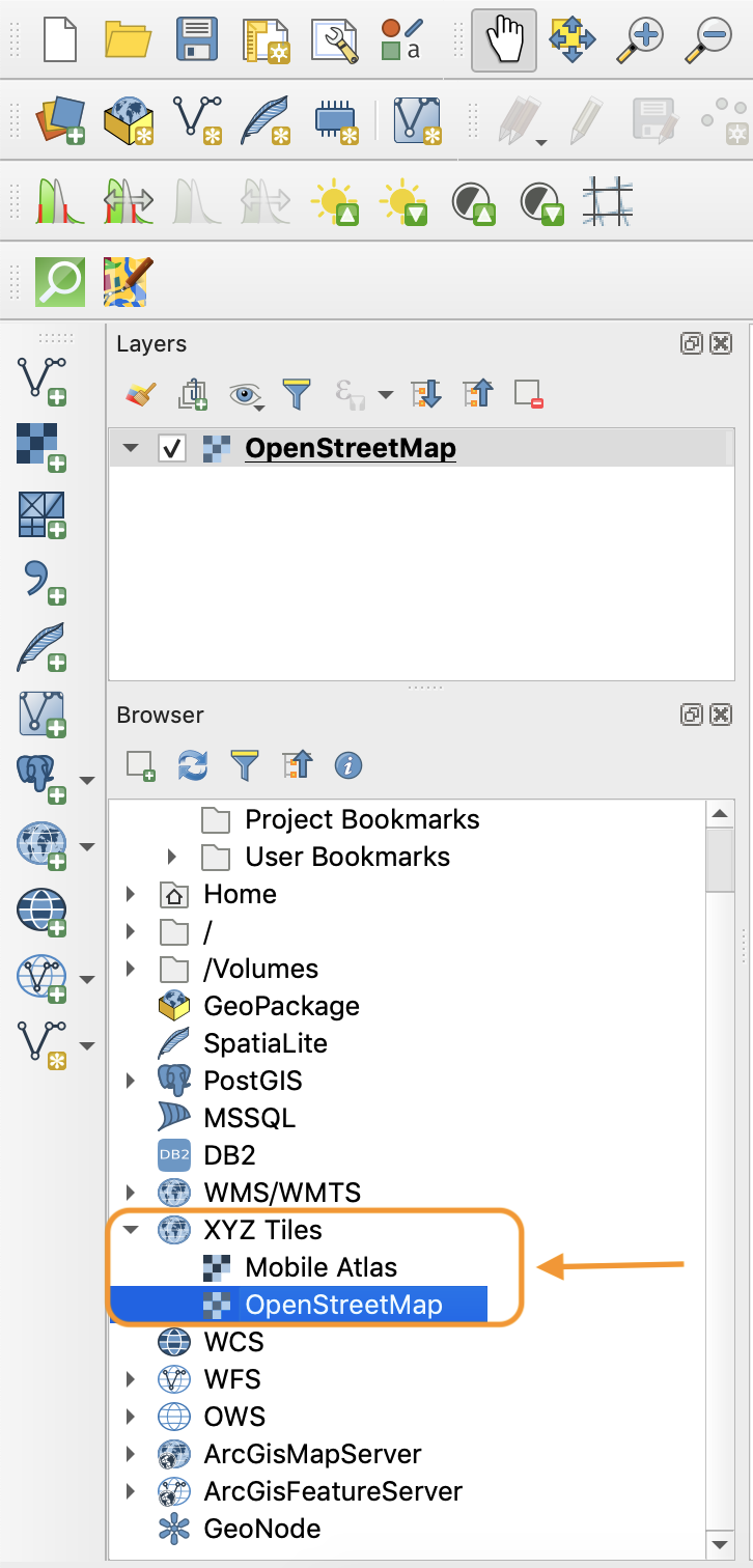 OpenStreetMap under the XYZ tiles tab in the Browser panel