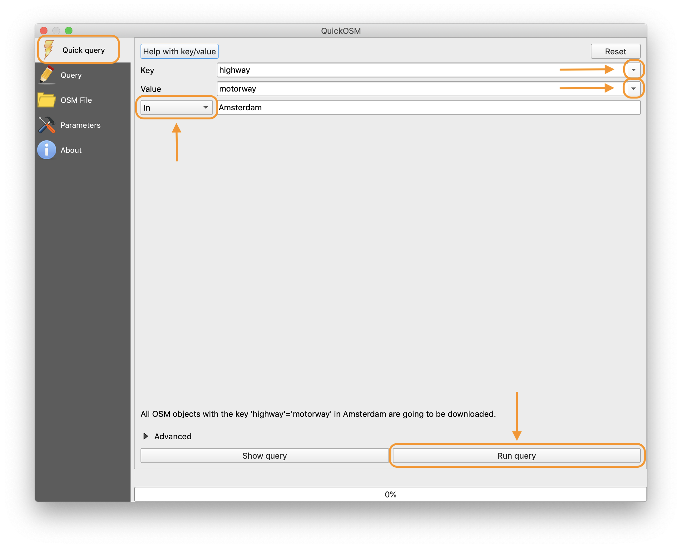 Step 2: Select required values in QuickOSM window