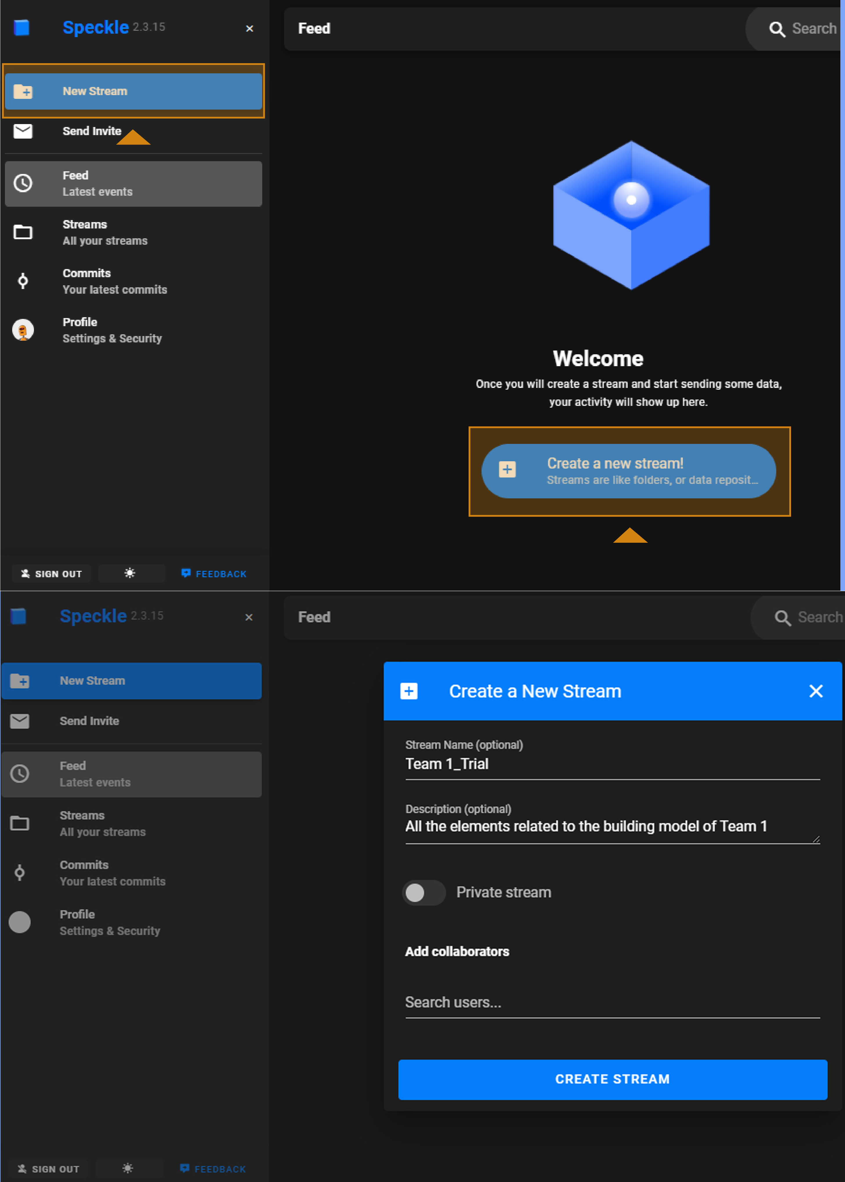 Speckle Web App - Create a New Stream