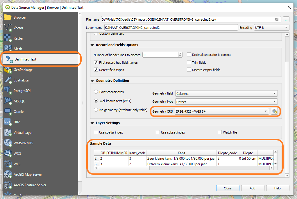 Importing CSV file into QGIS using the Data Source Manager