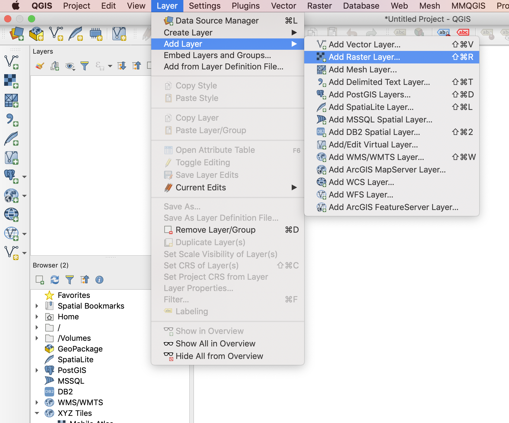 Add raster layer via QGIS menu