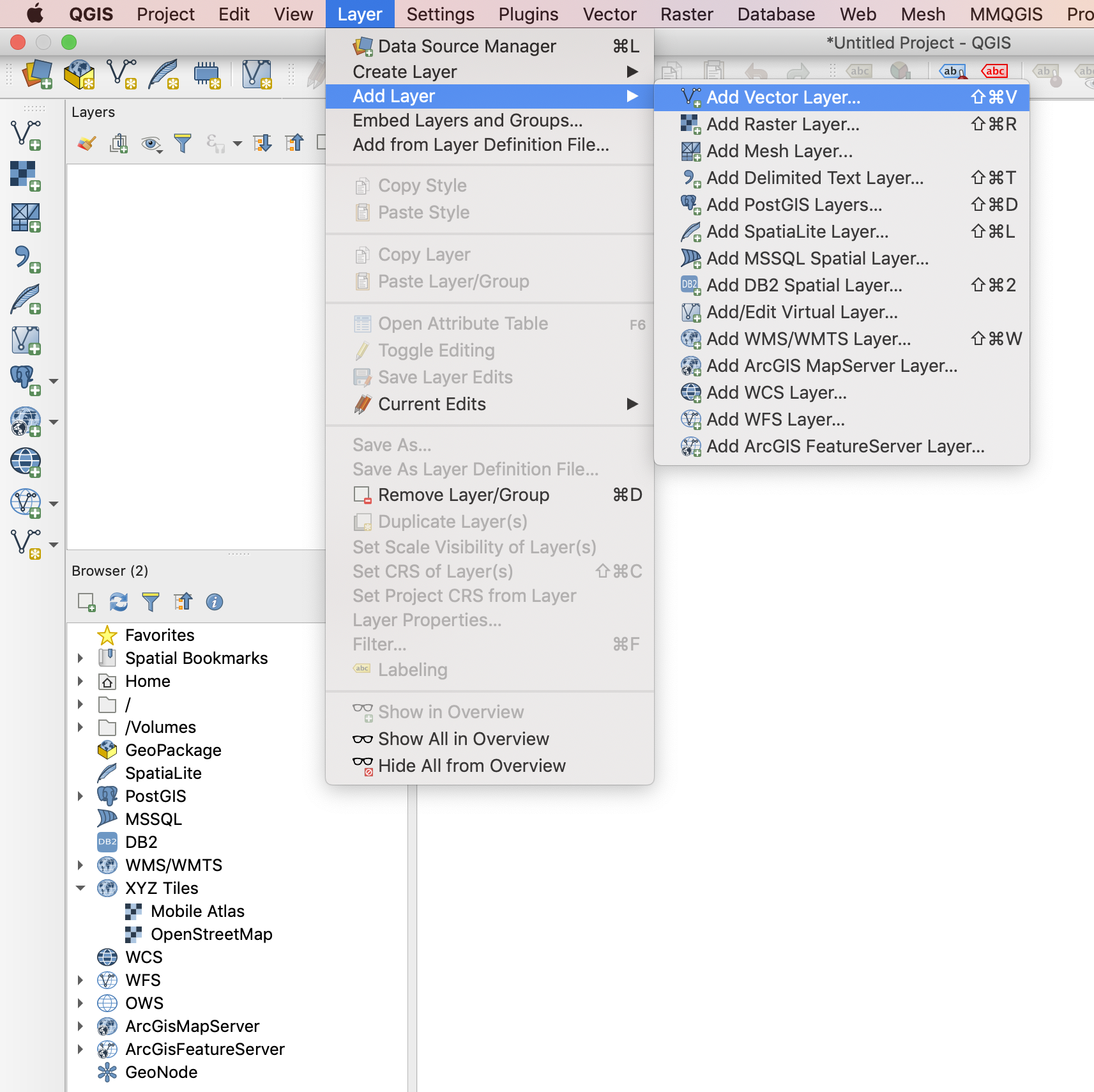 Add vector layer via QGIS menu