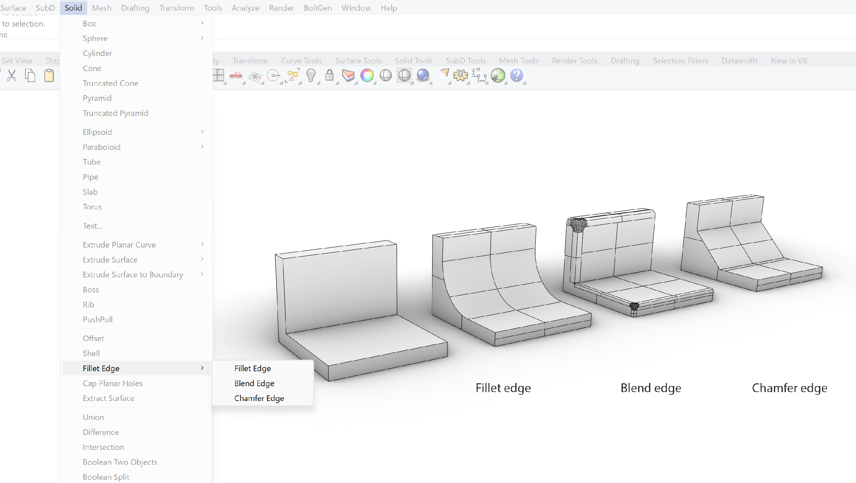 08: Various edge filleting operations on solid geometry.