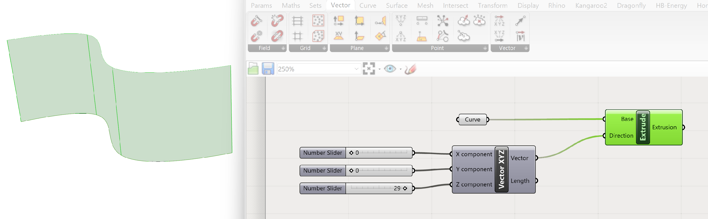 Example of an extrusion based on a curve in Rhino