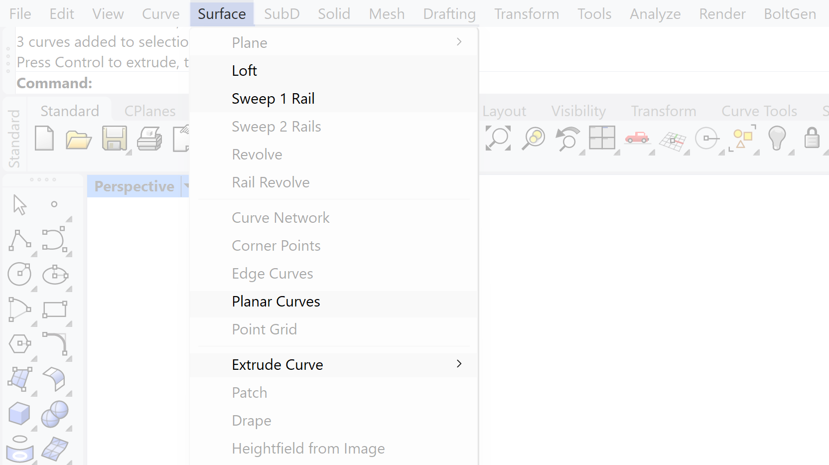 Surface pulldown menu