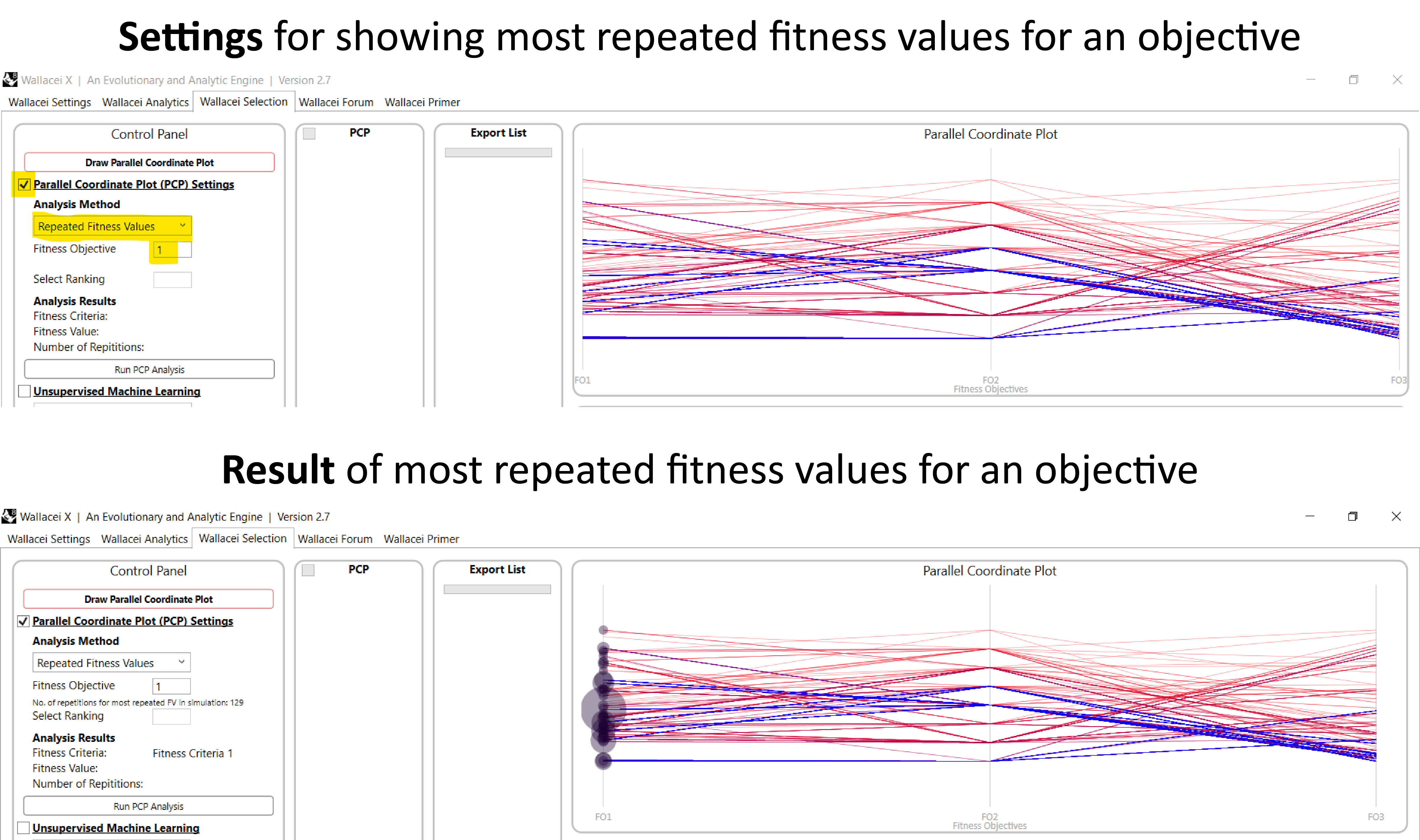 Settings and results of showing most repeated fitness values for an objective 