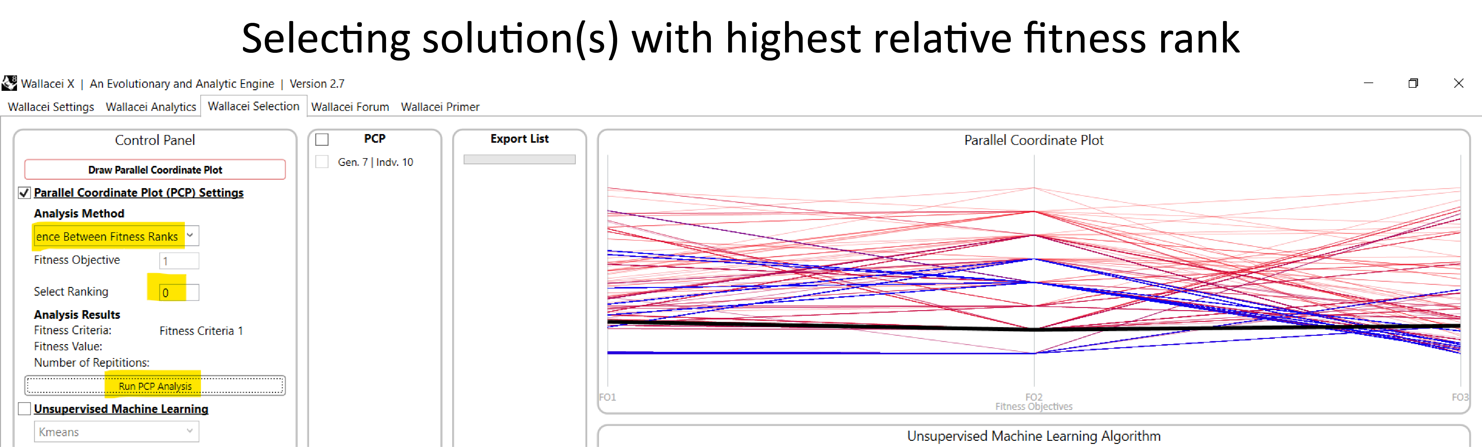 Settings solution with highest relative fitness rank  