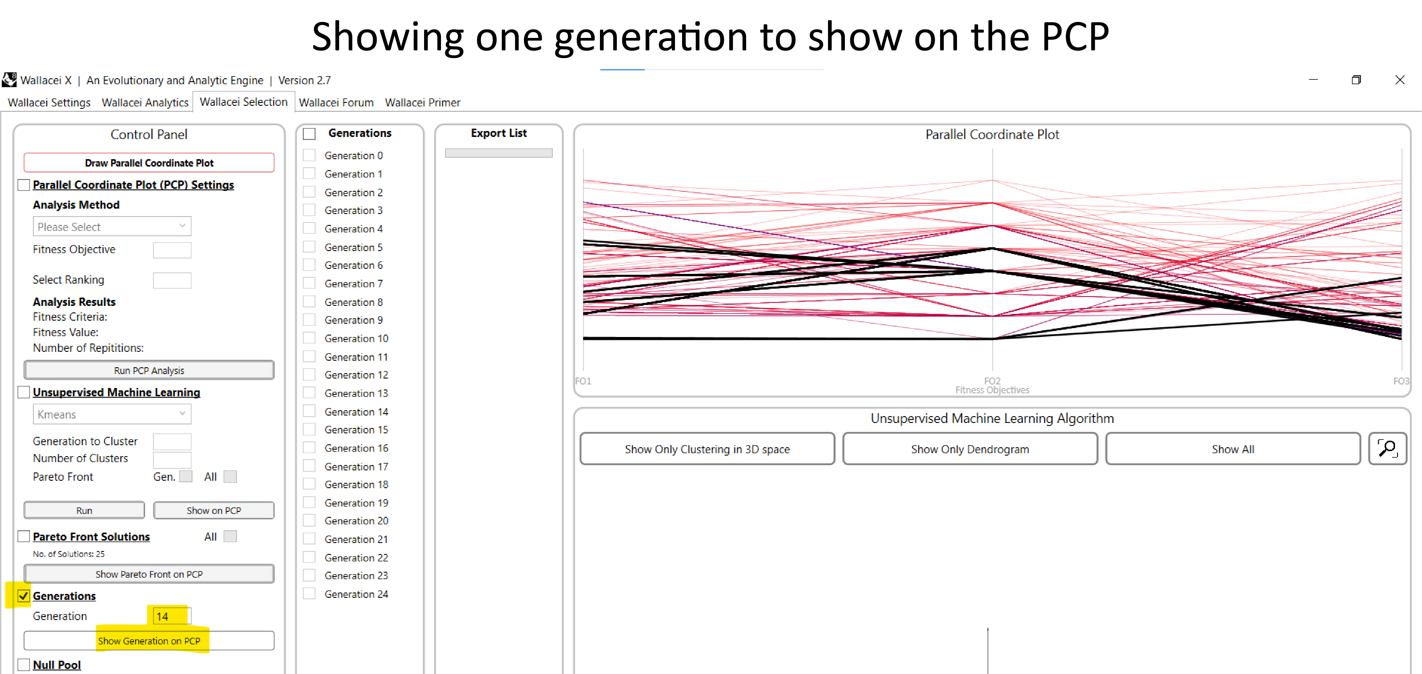 Showing one generation on the Parallel Coordinate Plot