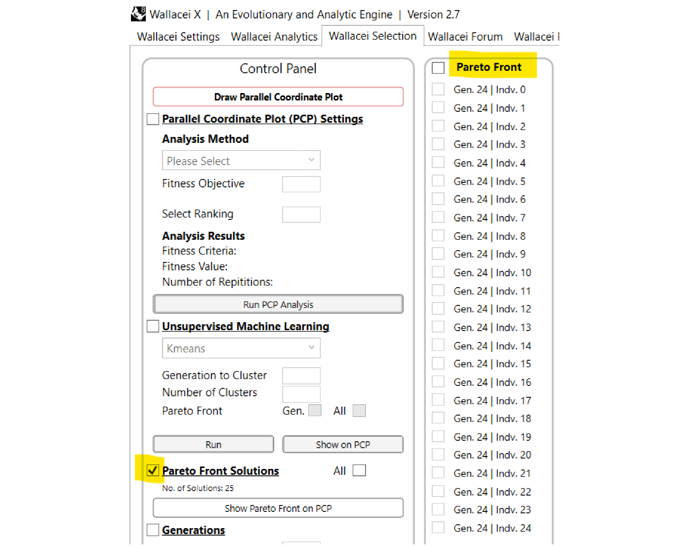 Pareto Front solutions list