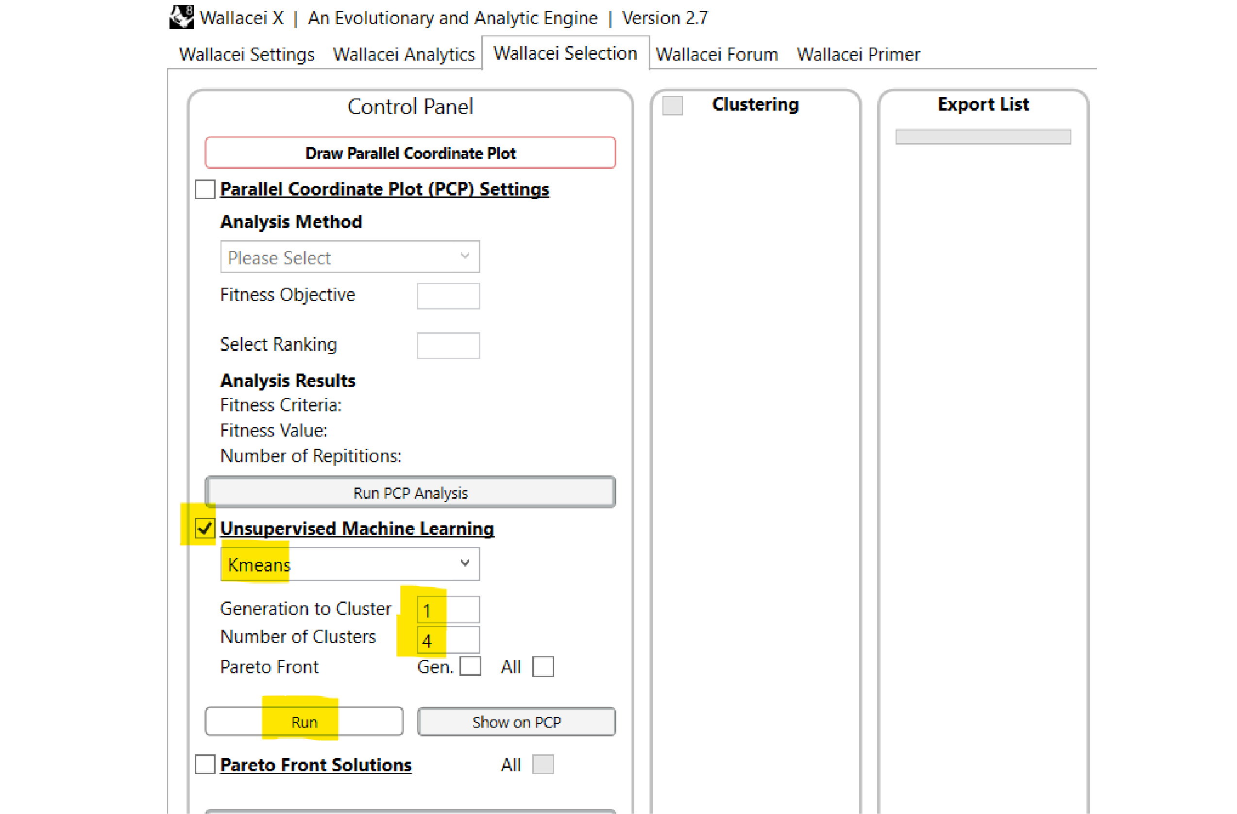 Settings for k-means clustering of a population 