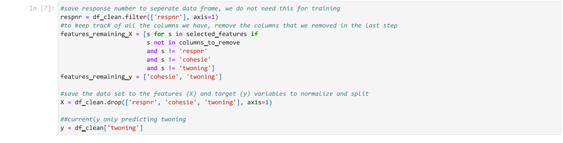 Splitting the data set into the X values (features) and y values (actual classification).