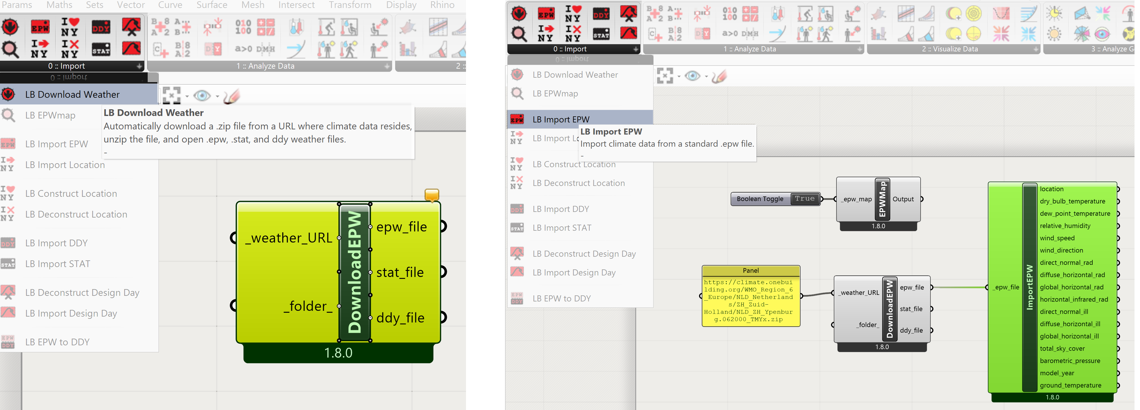 Importing the weather (.epw) file into Grasshopper