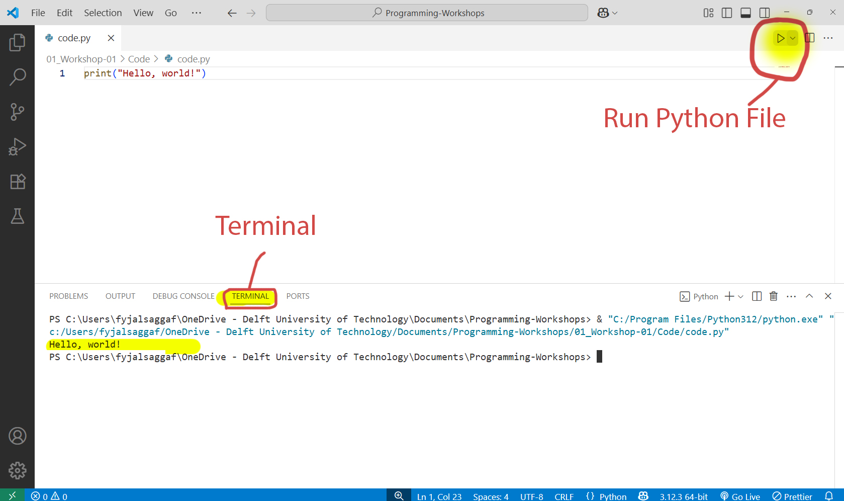 the terminal displays the result of the code