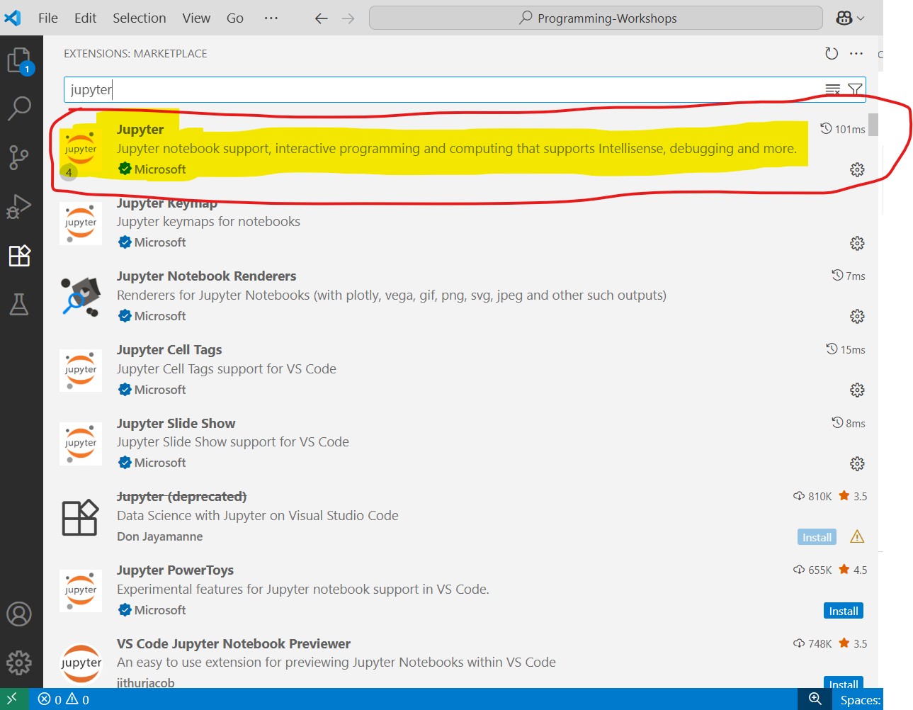 install the Jupyter extension in VS Code