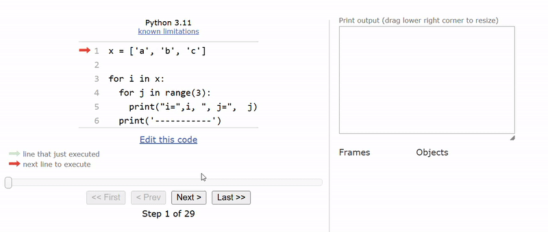 From the inside-out, j loops 3 times of 1 item from the list `x`, then prints a line separator