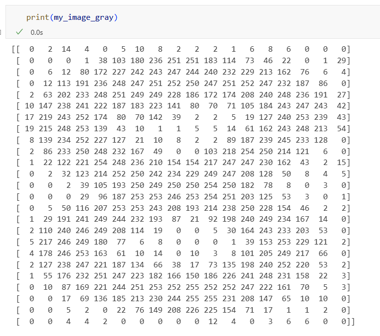 Printing the image shows the array structure and the values of each data point (pixel)